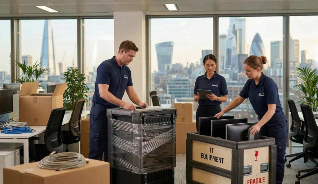 Professional movers handling IT equipment during a corporate relocation in London.
