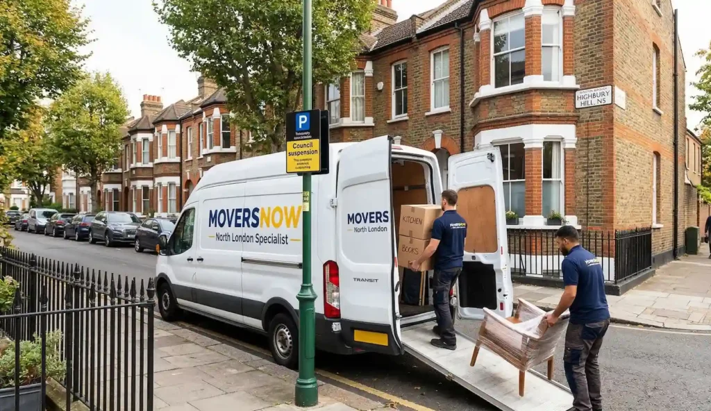 A removal van parked on a typical residential street in North London.